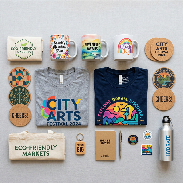 Produtos personalizados: canecas sublimadas, camisetas estampadas, brindes corporativos